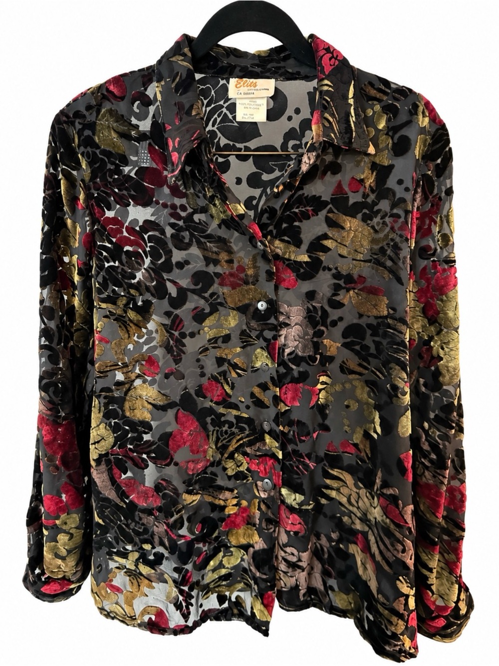 Beautiful Velvet Floral Button-Front blouse with Black, Gold & Red Silk blend